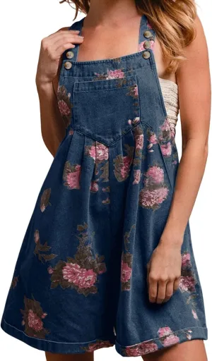 Denim Short Romper for Women Summer Y2k Straps Ruffle Floral Jean Overall Dress Cute Sleeveless Flared Jean Romper