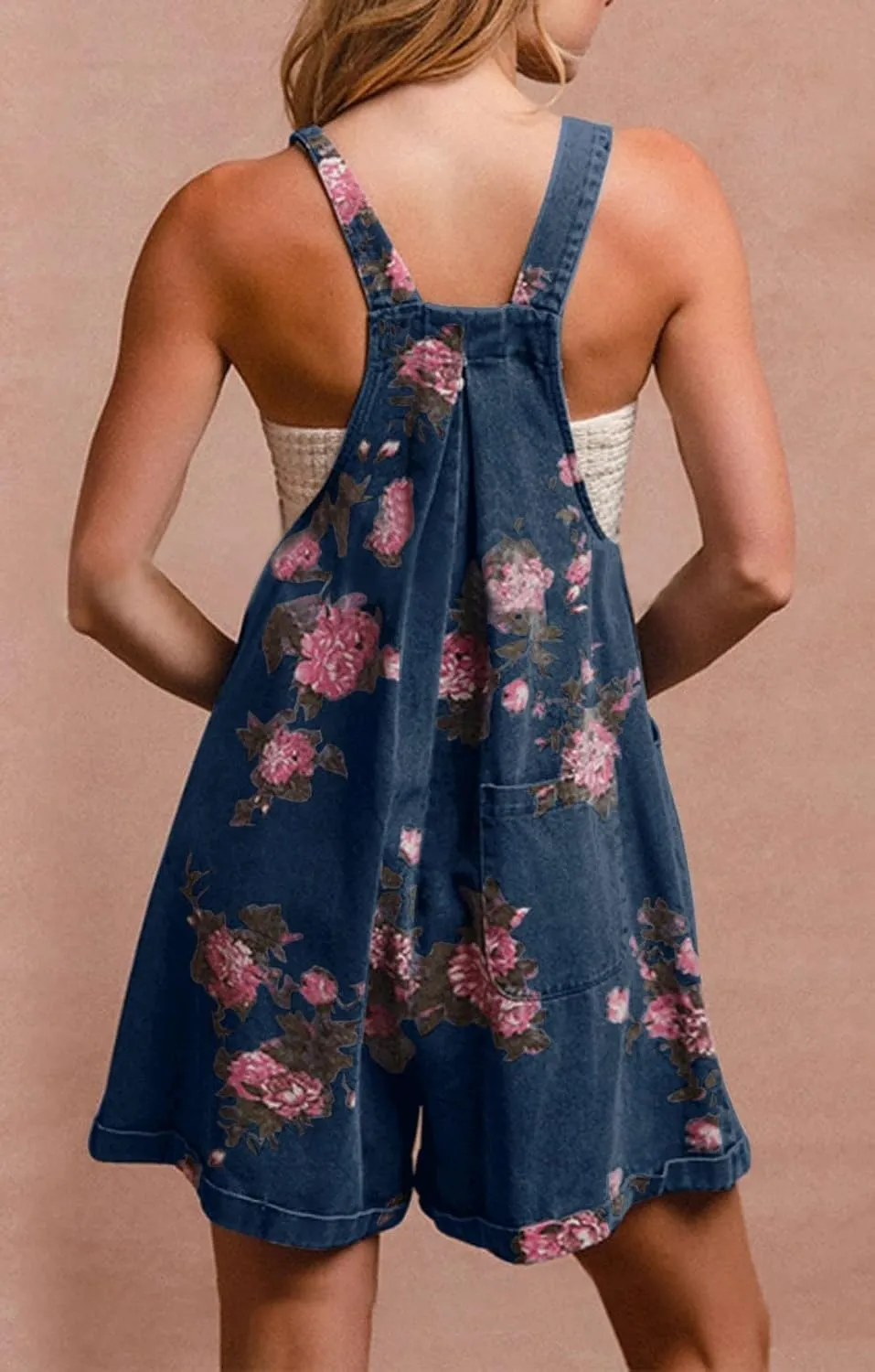 Denim Short Romper for Women Summer Y2k Straps Ruffle Floral Jean Overall Dress Cute Sleeveless Flared Jean Romper