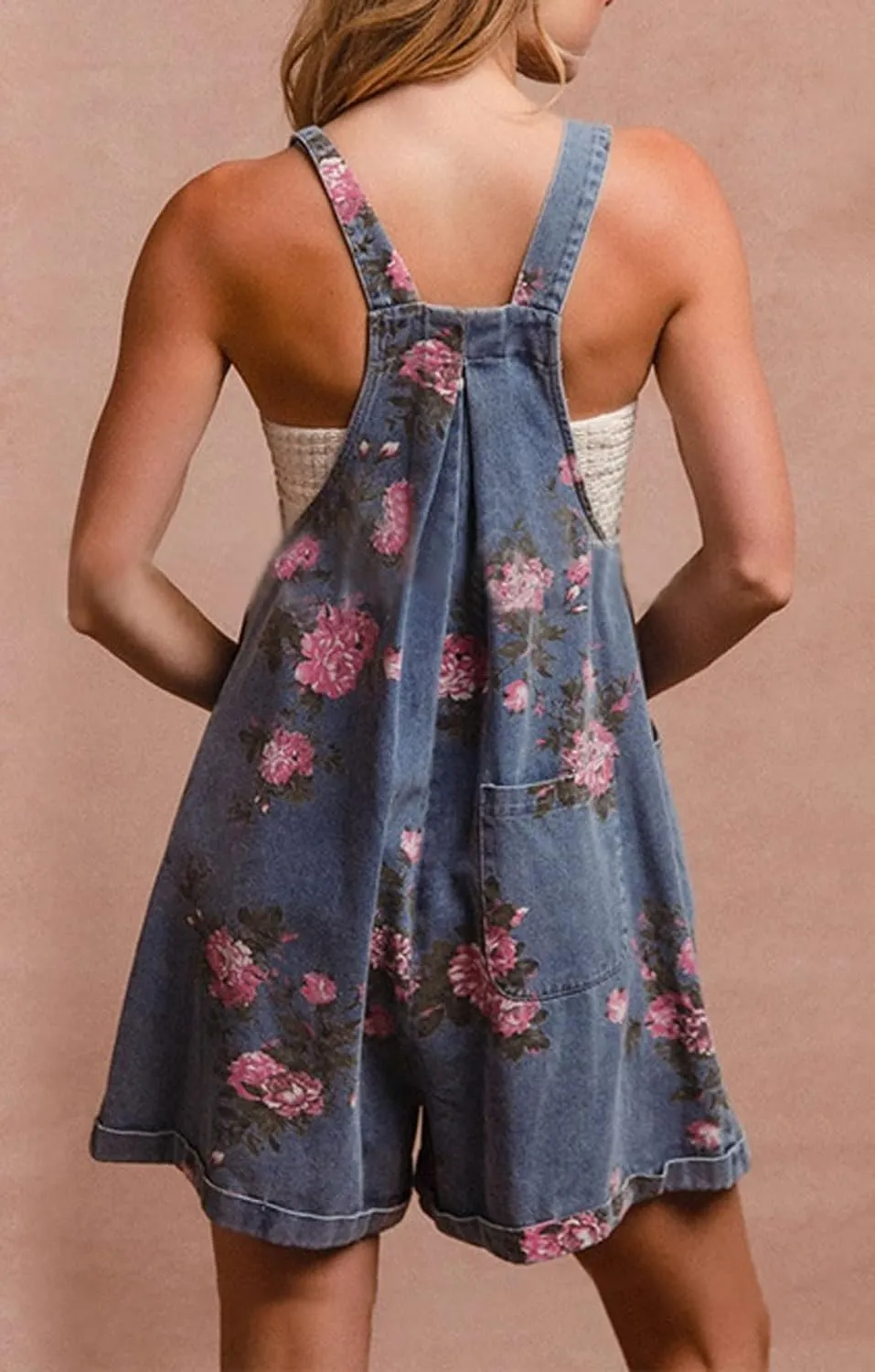 Denim Short Romper for Women Summer Y2k Straps Ruffle Floral Jean Overall Dress Cute Sleeveless Flared Jean Romper