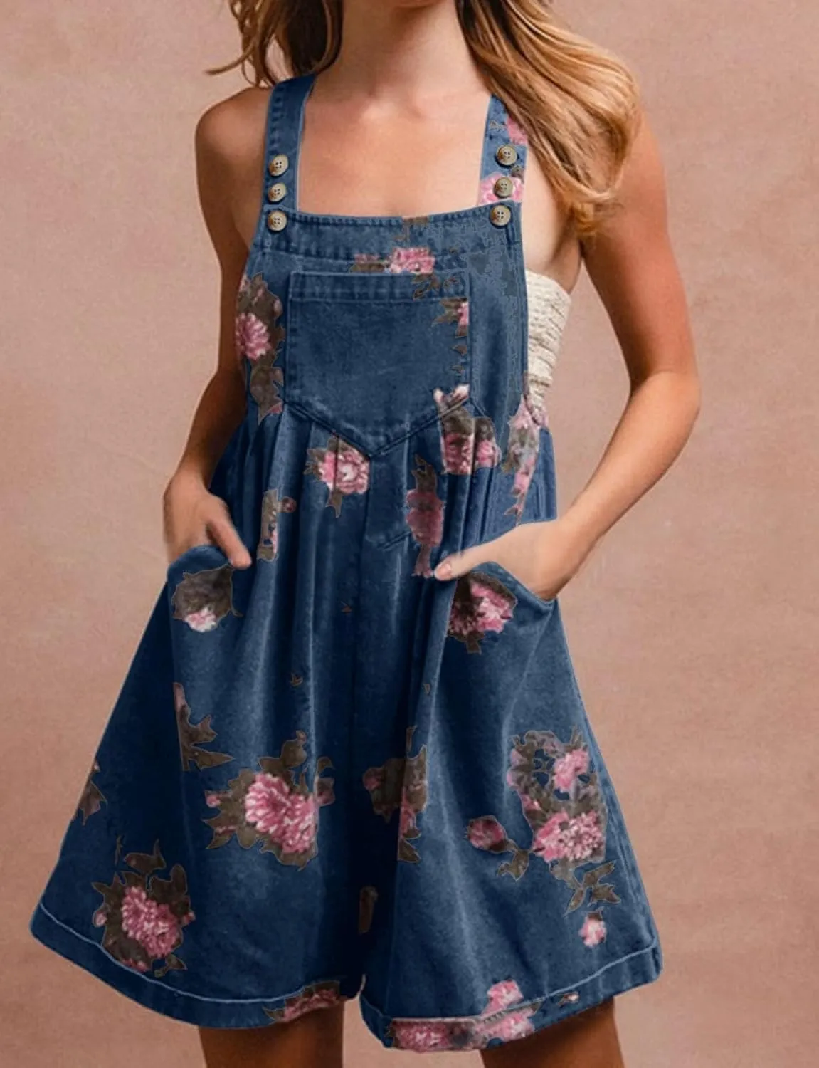 Denim Short Romper for Women Summer Y2k Straps Ruffle Floral Jean Overall Dress Cute Sleeveless Flared Jean Romper