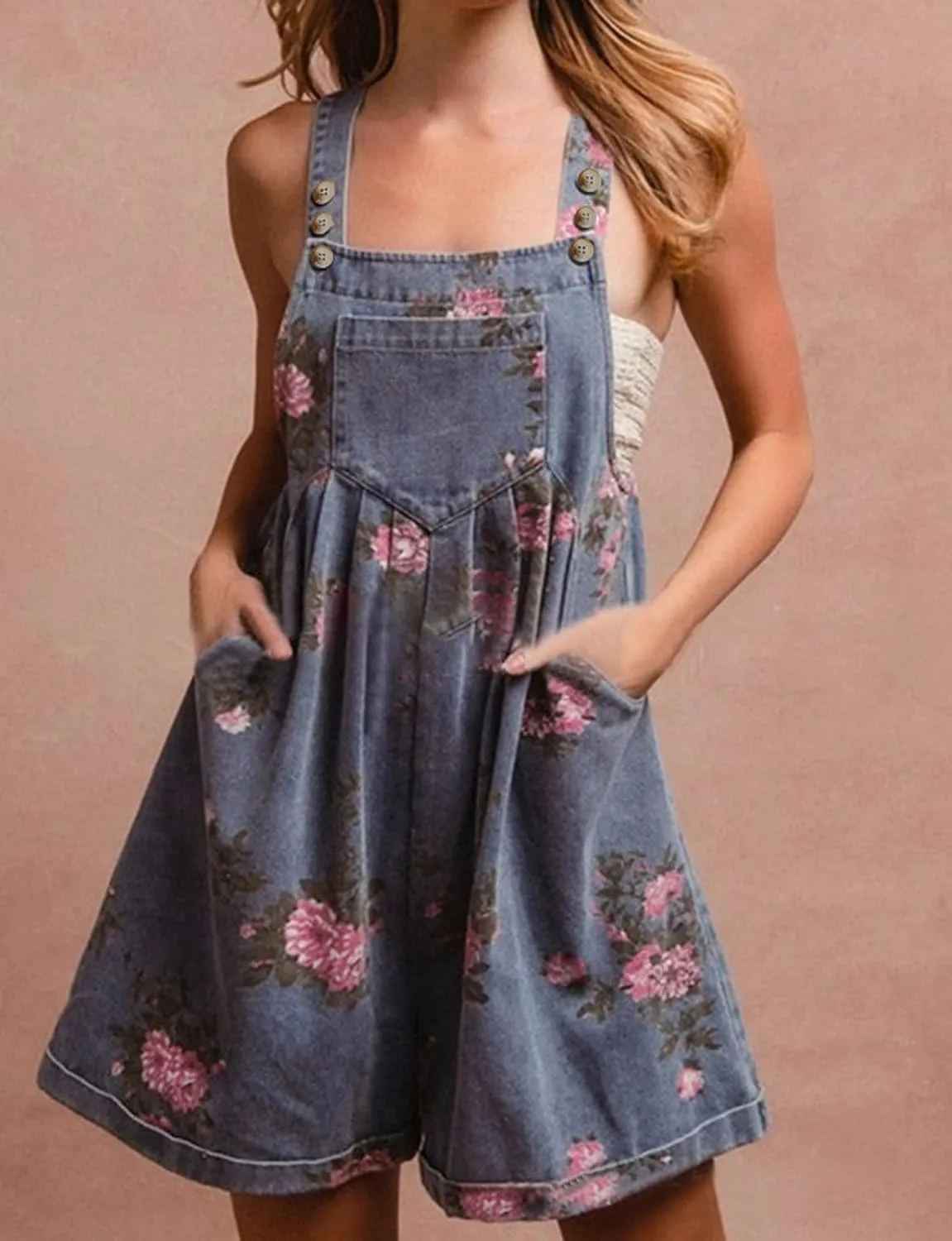 Denim Short Romper for Women Summer Y2k Straps Ruffle Floral Jean Overall Dress Cute Sleeveless Flared Jean Romper