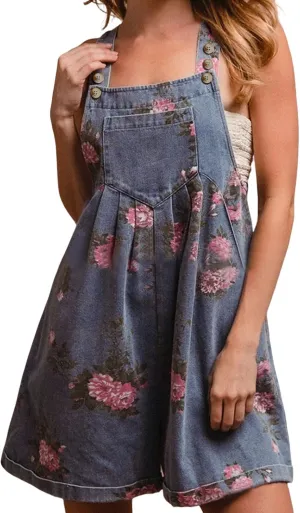 Denim Short Romper for Women Summer Y2k Straps Ruffle Floral Jean Overall Dress Cute Sleeveless Flared Jean Romper