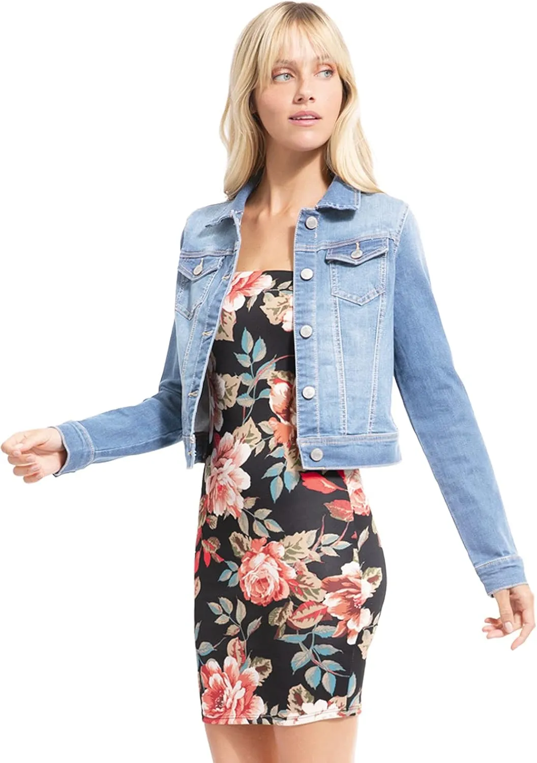 Design by Olivia Women's Classic/Destroyed Vintage Washed Long Sleeve Denim Jean Jacket