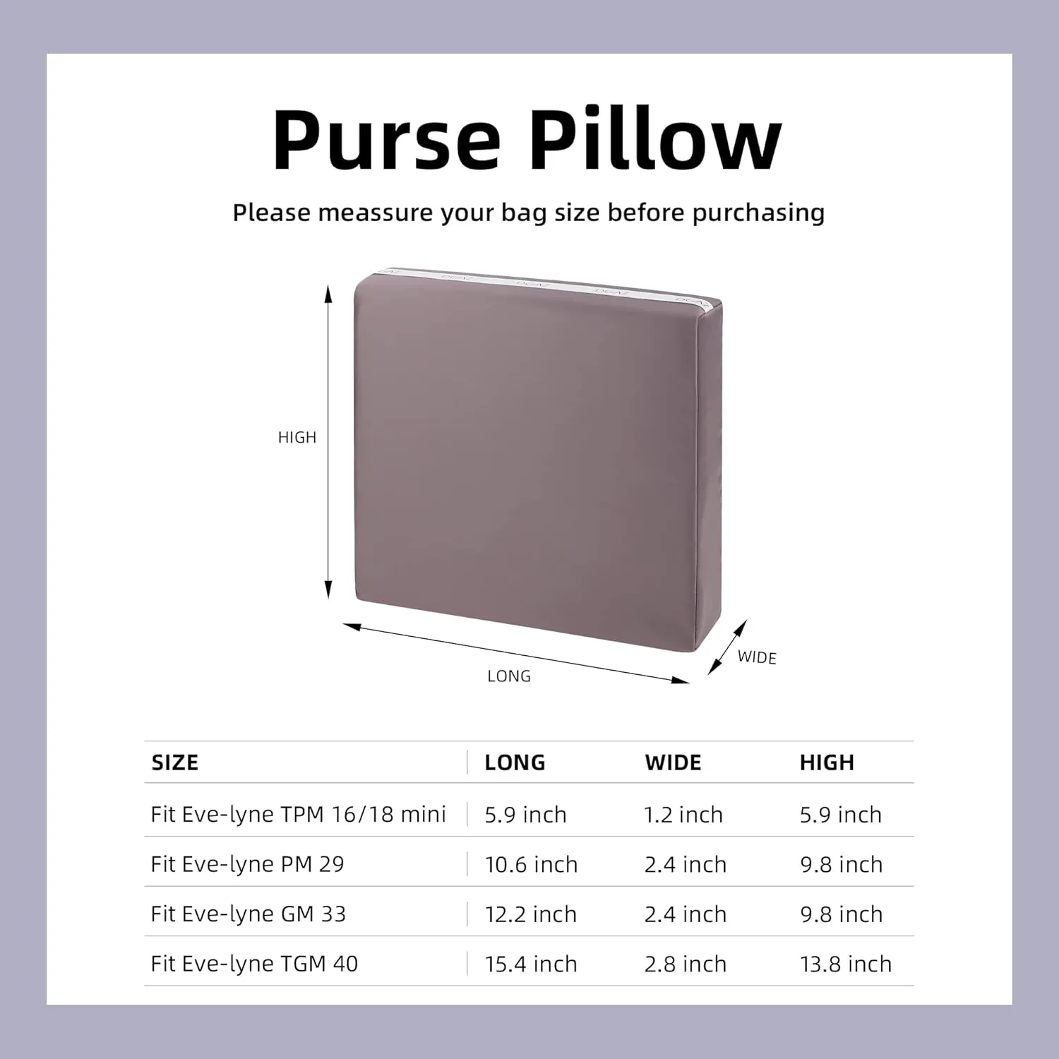 DGAZ Bag Pillow Shaper Insert for Luxury Handbags, Silky Pillow Shaper for Hermes Evelyne mini/29/33/40 Bags（Mini,Konjac purple）