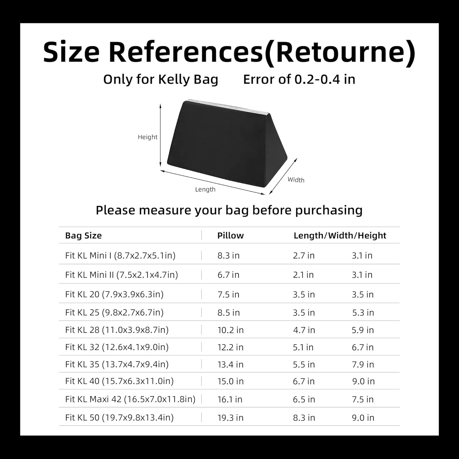 DGAZ Purse Pillow Shaper Insert for Hermes Kelly Bags, Silky Pillow Shaper for Luxury Handbags(Black,Pochette)