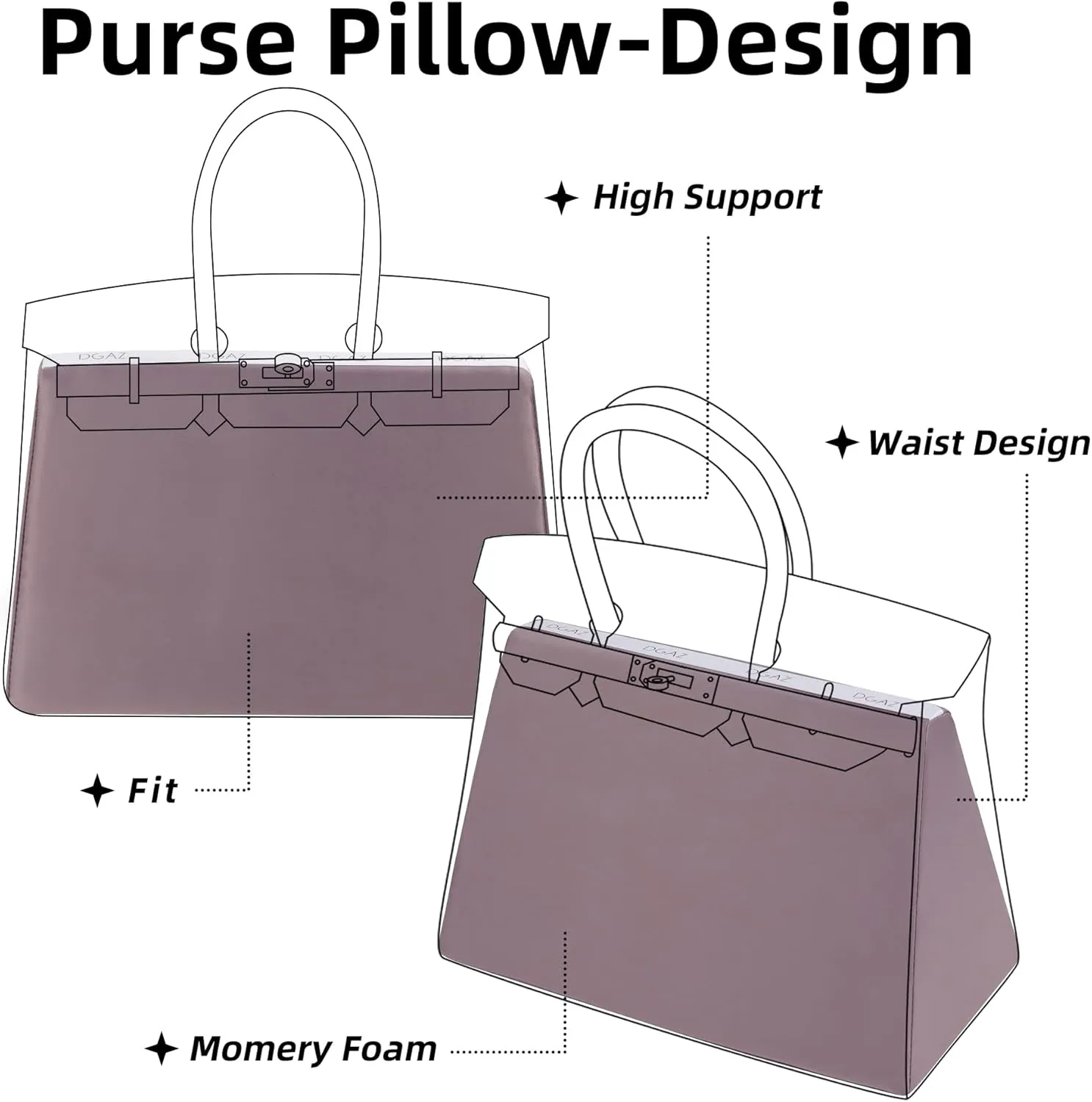 DGAZ Purse Pillow Shaper Insert,Luxury Handbag Tote Shapers, Memory Foam- Fits Birkin 25/30/35/40 Bag (Konjac Purple, BK25 Retourne)