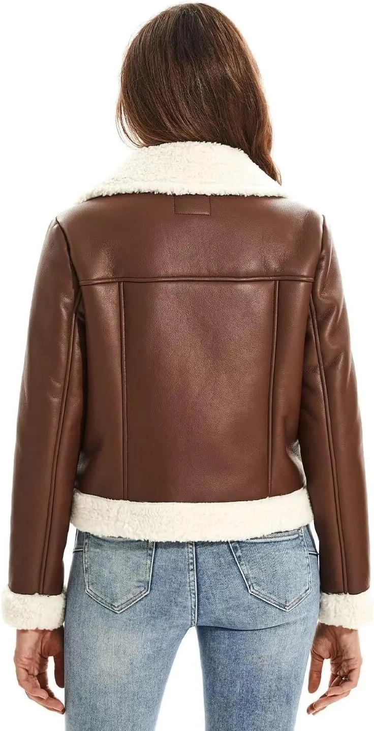 DIASHINY Women's Faux Shearing Fur Winter Coat Warm Thick Fur Lined Faux Leather Jacket