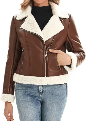 DIASHINY Women's Faux Shearing Fur Winter Coat Warm Thick Fur Lined Faux Leather Jacket