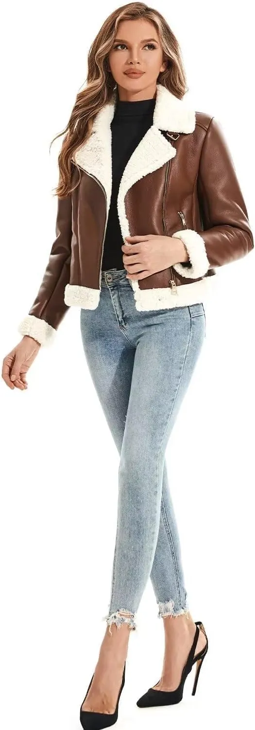 DIASHINY Women's Faux Shearing Fur Winter Coat Warm Thick Fur Lined Faux Leather Jacket