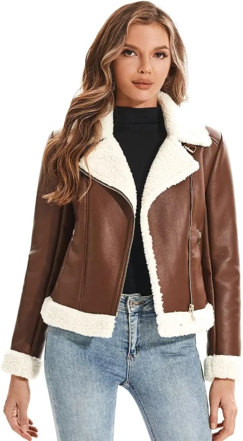DIASHINY Women's Faux Shearing Fur Winter Coat Warm Thick Fur Lined Faux Leather Jacket