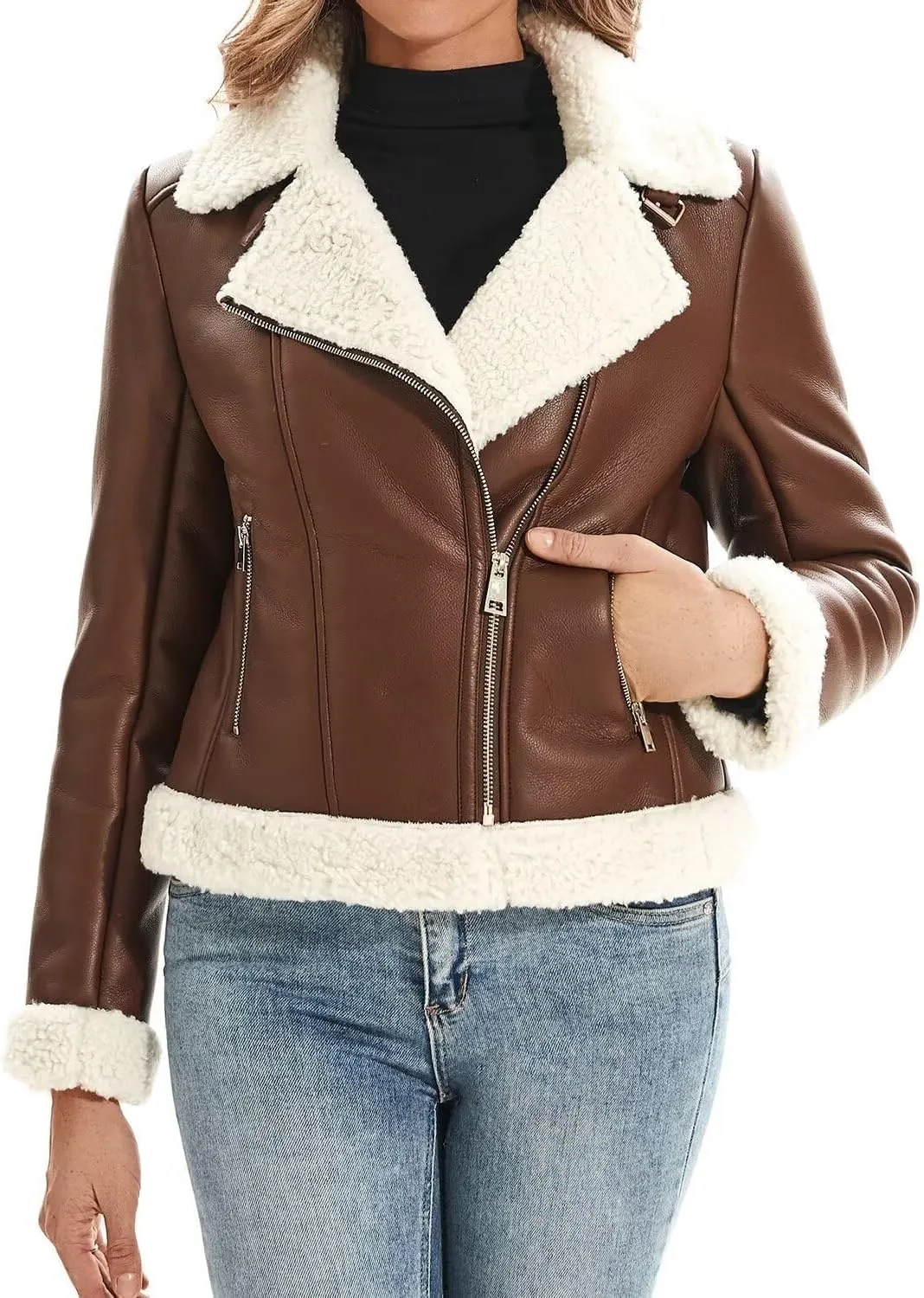 DIASHINY Women's Faux Shearing Fur Winter Coat Warm Thick Fur Lined Faux Leather Jacket