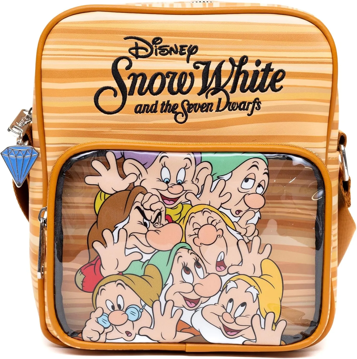 Disney Vegan Leather Crossbody Backpack with Adjustable Strap, Snow White and the Seven Dwarfs Face Smash Group Pose and Faux Wood Grain