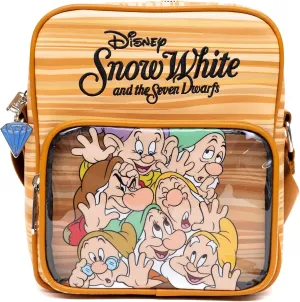 Disney Vegan Leather Crossbody Backpack with Adjustable Strap, Snow White and the Seven Dwarfs Face Smash Group Pose and Faux Wood Grain