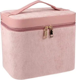 DOITOOL Portable Makeup Bag Women's Cosmetic Suitcase Mirror Dual-Layer Storage, Pink, 22x21cm