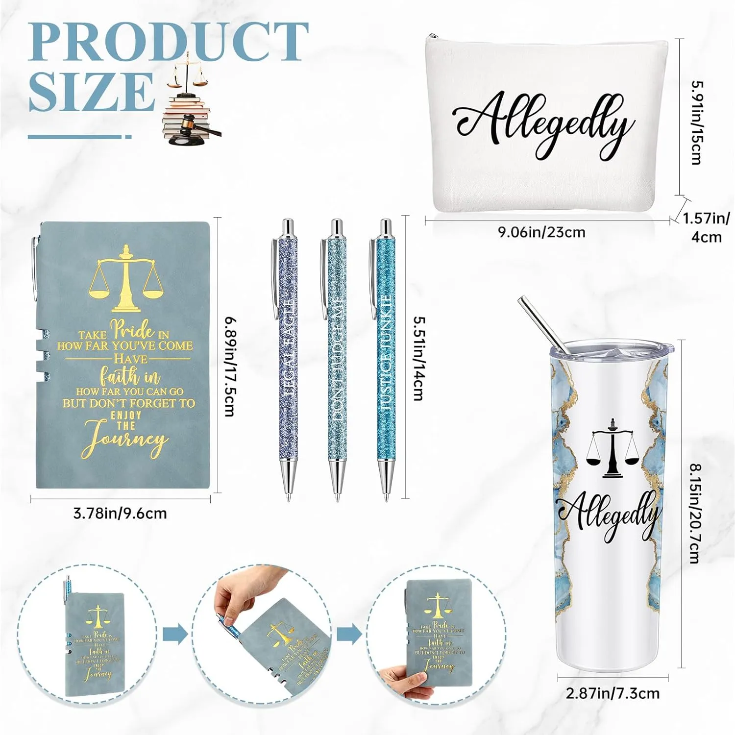 Domensi 6 Pcs Funny Allegedly Lawyer Gifts Judge Gift Lawyer Appreciation Day Gift 20 oz Marble Sign Tumbler Makeup Bag Notepad Ballpoints for Law Paralegal School College Teacher(Blue)