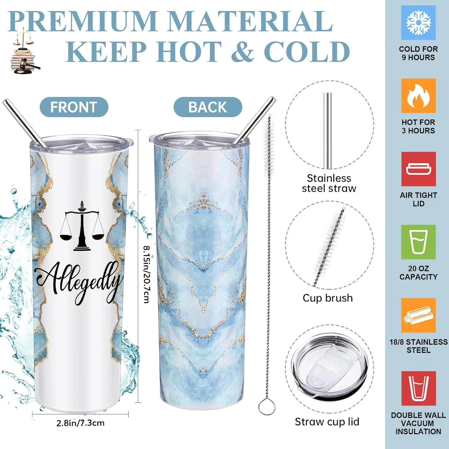 Domensi 6 Pcs Funny Allegedly Lawyer Gifts Judge Gift Lawyer Appreciation Day Gift 20 oz Marble Sign Tumbler Makeup Bag Notepad Ballpoints for Law Paralegal School College Teacher(Blue)