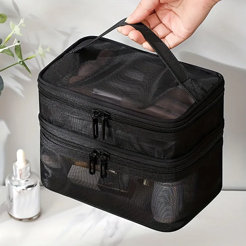 Double Layer Cosmetic Bag Toiletry Bag Travel Mesh Cosmetic Storage Bag