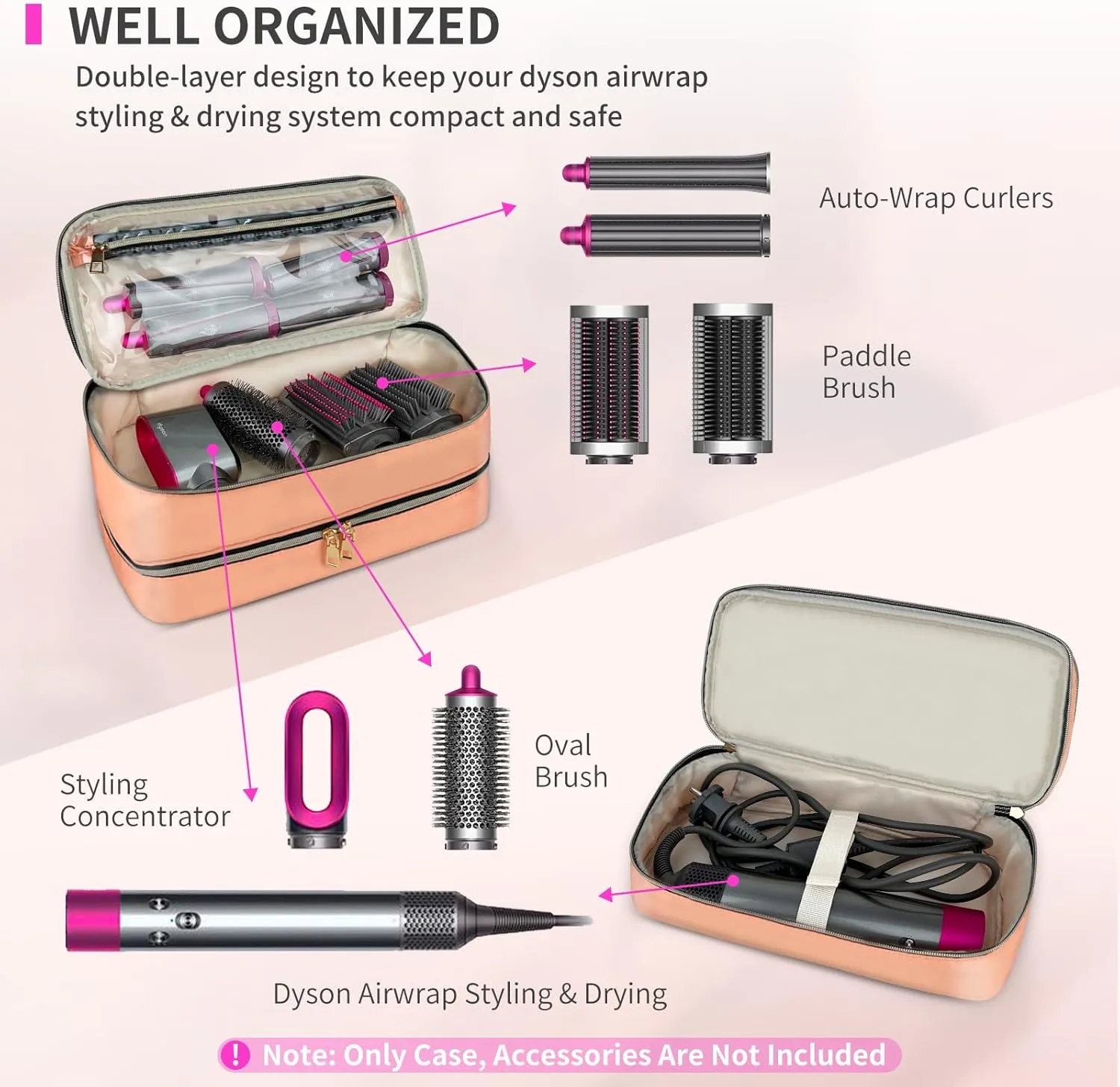 Double-Layer Water Resistant Travel Carrying Case for Hair Dryer/Shark Flexstyle/Dyson Airwrap and Hair Styler Attachments, Coral(Bag Only)