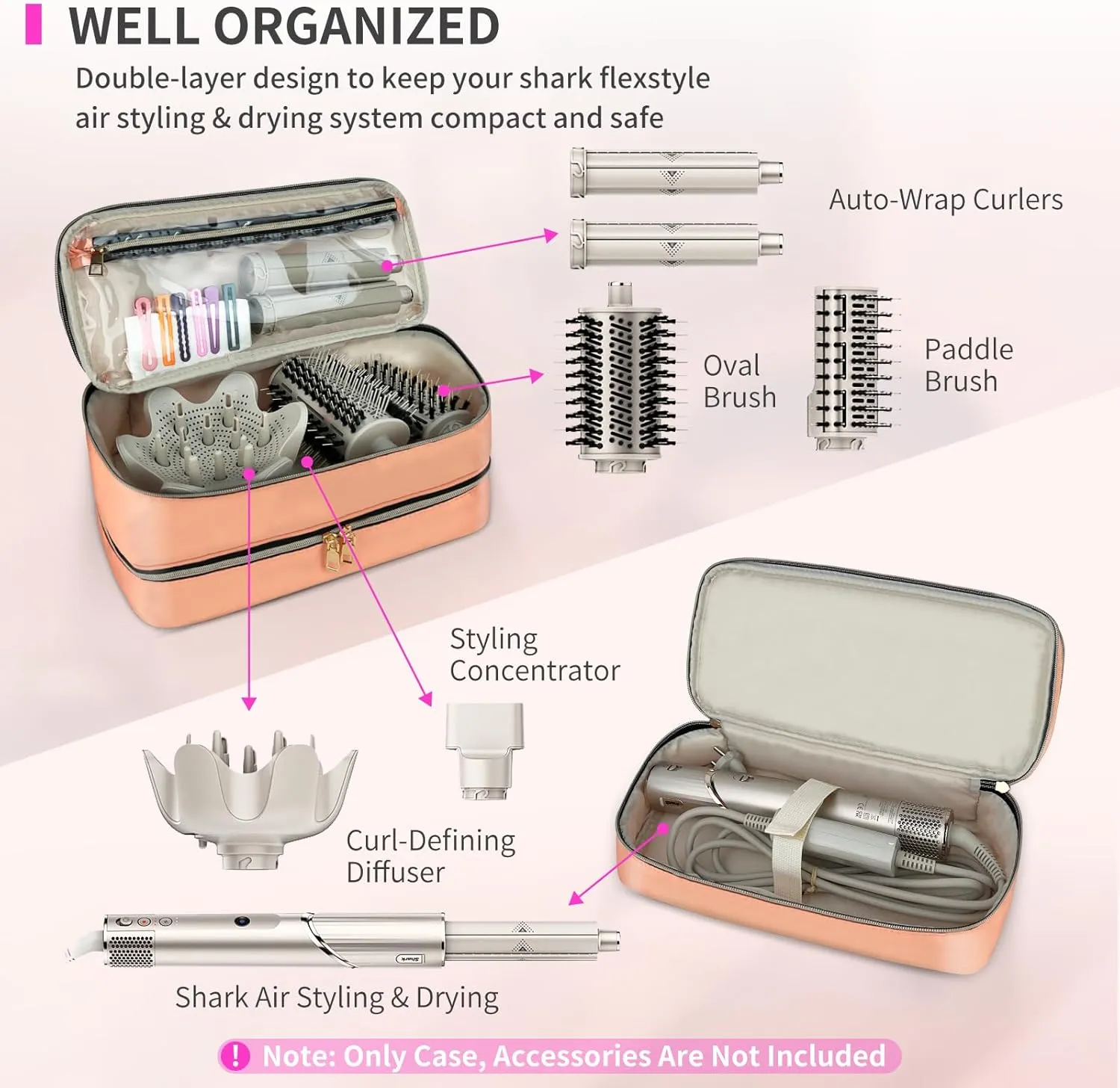 Double-Layer Water Resistant Travel Carrying Case for Hair Dryer/Shark Flexstyle/Dyson Airwrap and Hair Styler Attachments, Coral(Bag Only)