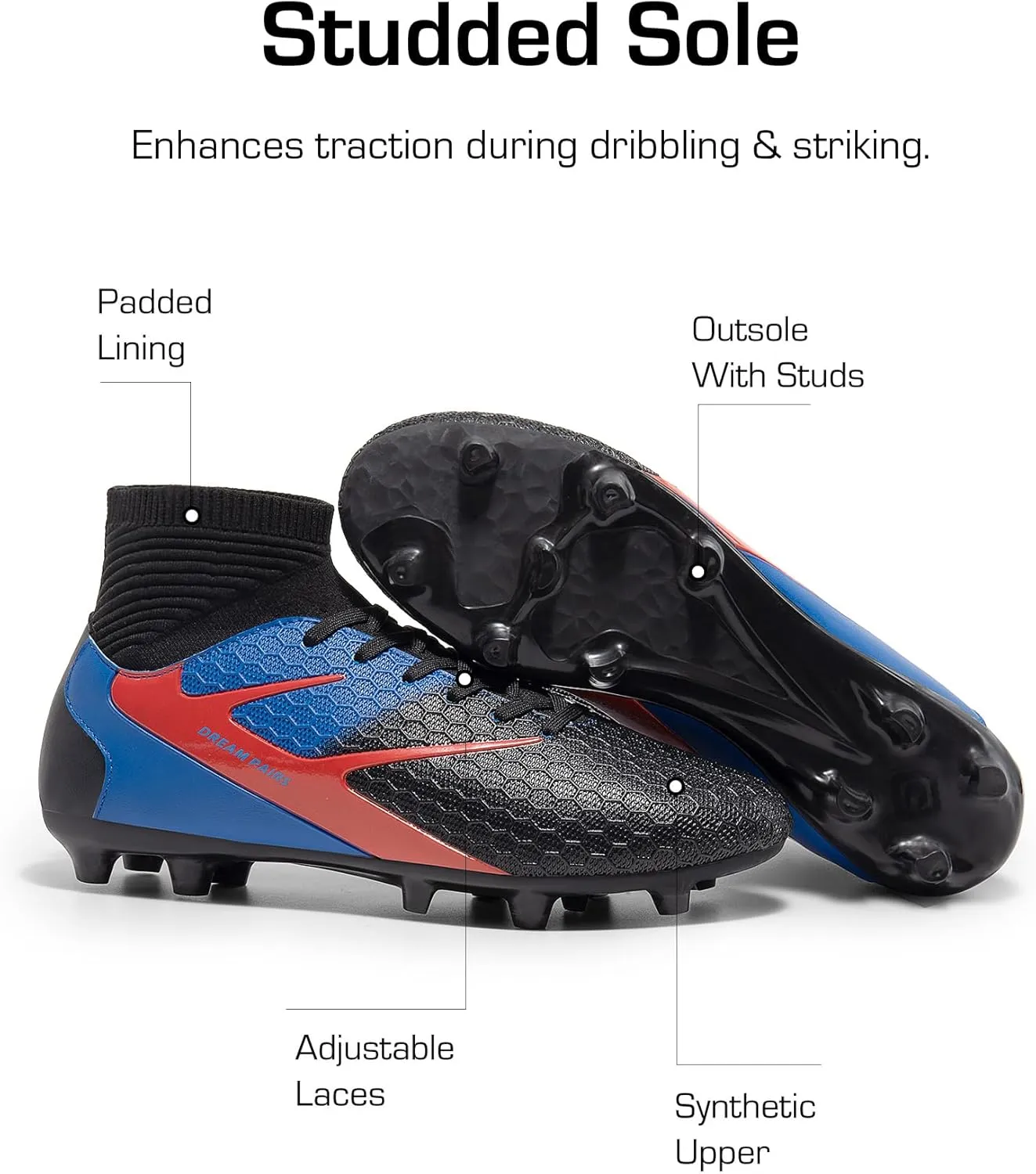 DREAM PAIRS Men's High-Tops Soccer Cleats Lace-Up Adult Football Shoes Lightweight Professional Athletic Training Soccer Shoes