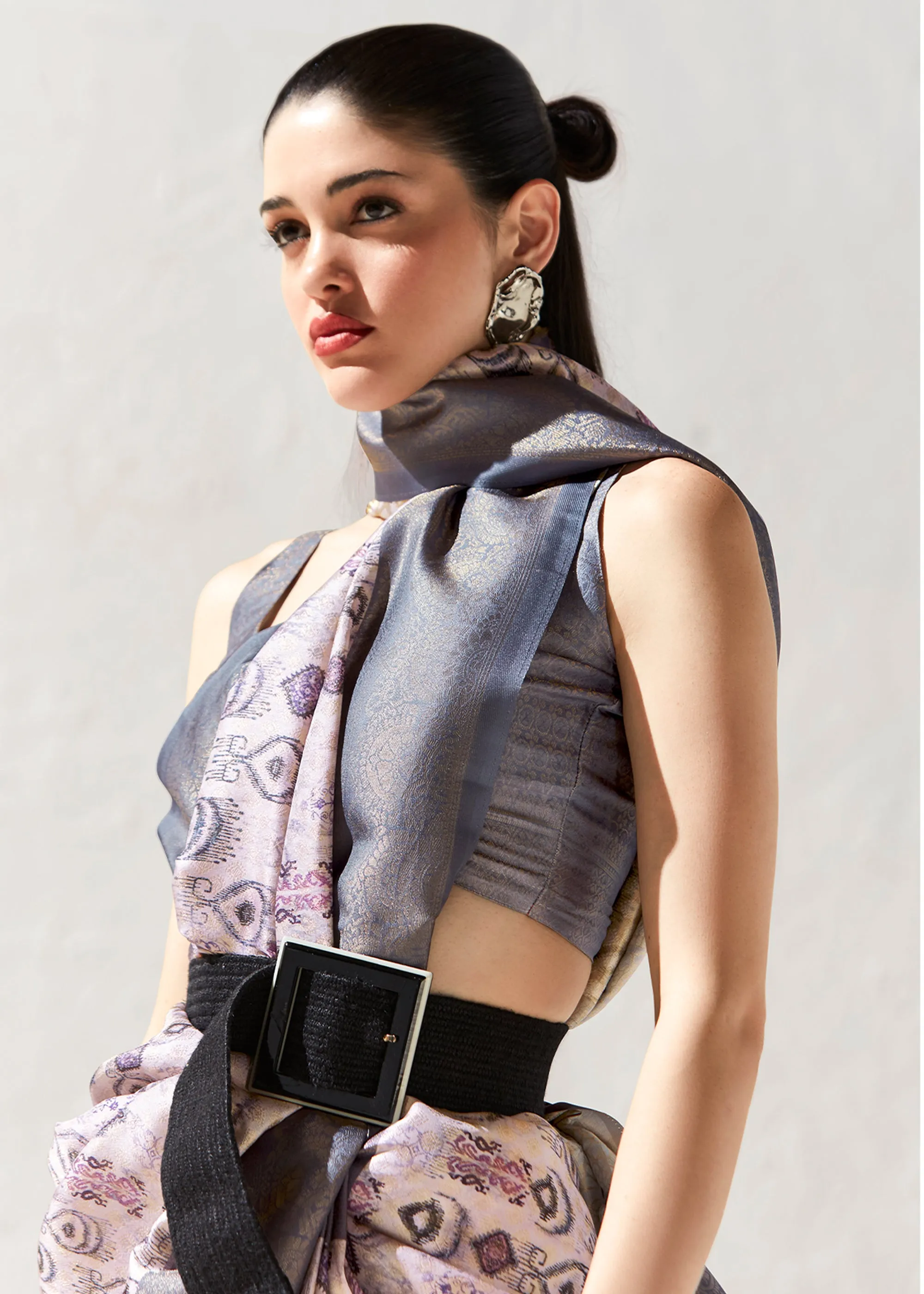 Dusk Purple Woven Banarasi Silk Saree With Digital Print