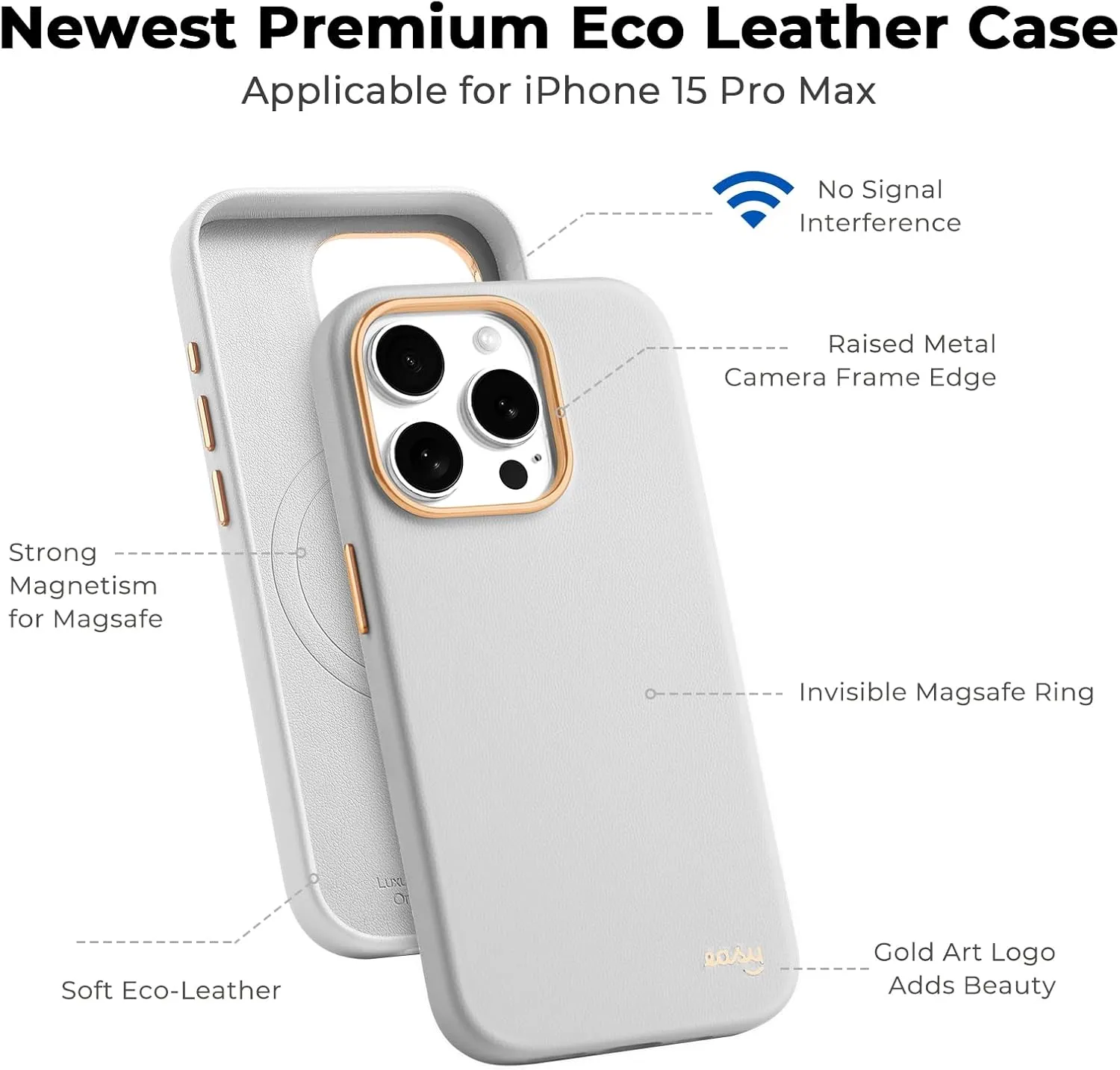 EasyAcc for iPhone 15 Pro Max Leather Case, [Compatible with Magsafe], Luxurious Vegan Leather Magnetic Phone Case, Protective Slim Case with Metal Buttons & Camera Bezel, Anti-Scratch Phone Cover