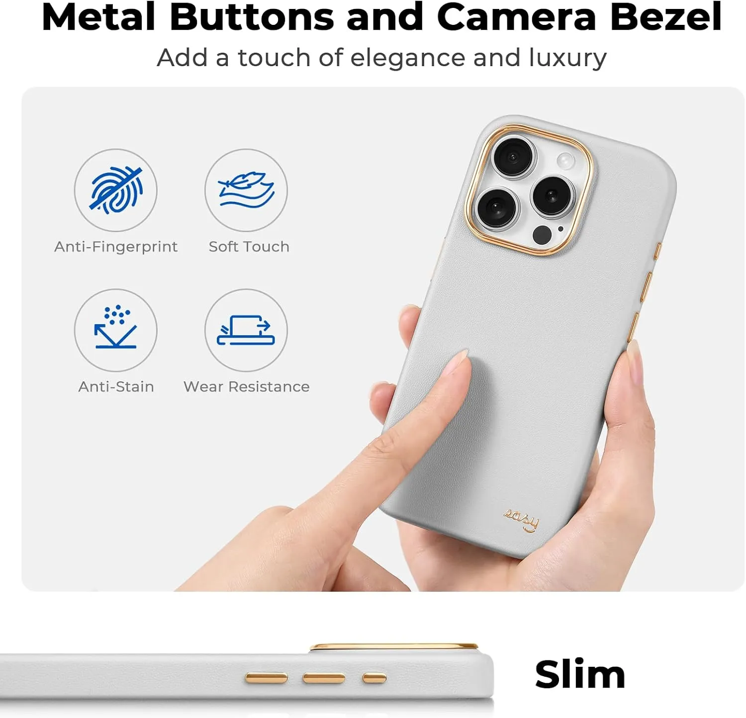 EasyAcc for iPhone 15 Pro Max Leather Case, [Compatible with Magsafe], Luxurious Vegan Leather Magnetic Phone Case, Protective Slim Case with Metal Buttons & Camera Bezel, Anti-Scratch Phone Cover