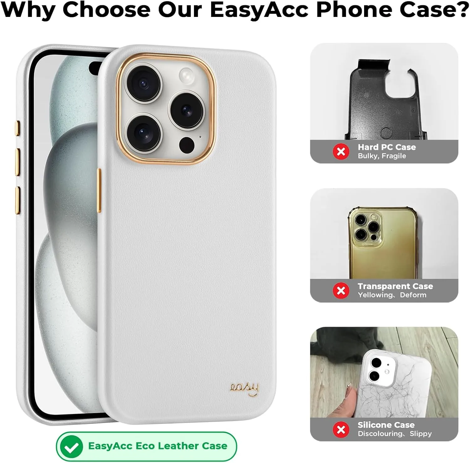 EasyAcc for iPhone 15 Pro Max Leather Case, [Compatible with Magsafe], Luxurious Vegan Leather Magnetic Phone Case, Protective Slim Case with Metal Buttons & Camera Bezel, Anti-Scratch Phone Cover