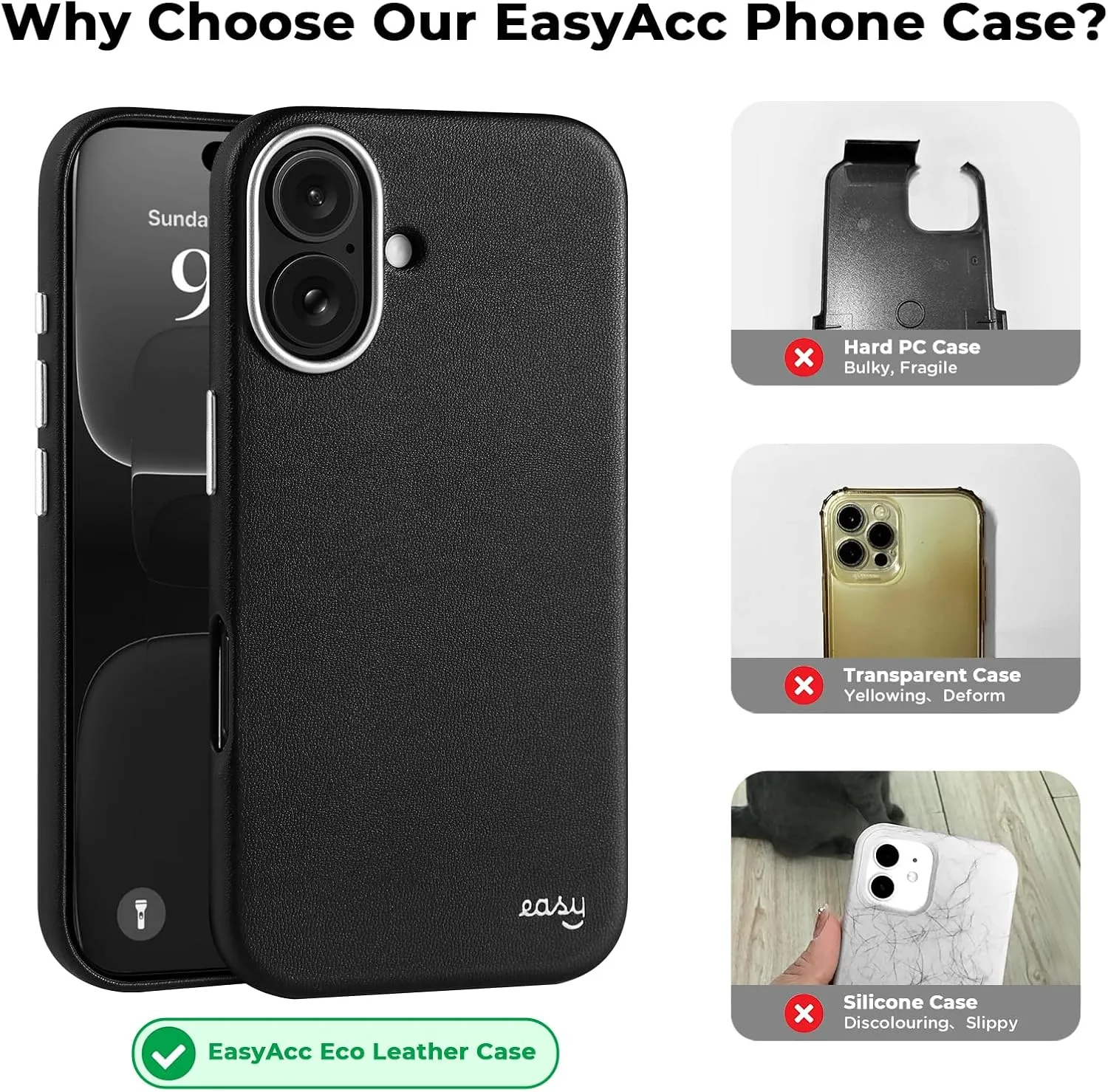 EasyAcc for iPhone 16 Leather Case, [Compatible with Magsafe], Luxurious Vegan Leather Magnetic Phone Case, Protective Slim Case with Metal Buttons & Camera Bezel, Anti-Scratch Phone Cover