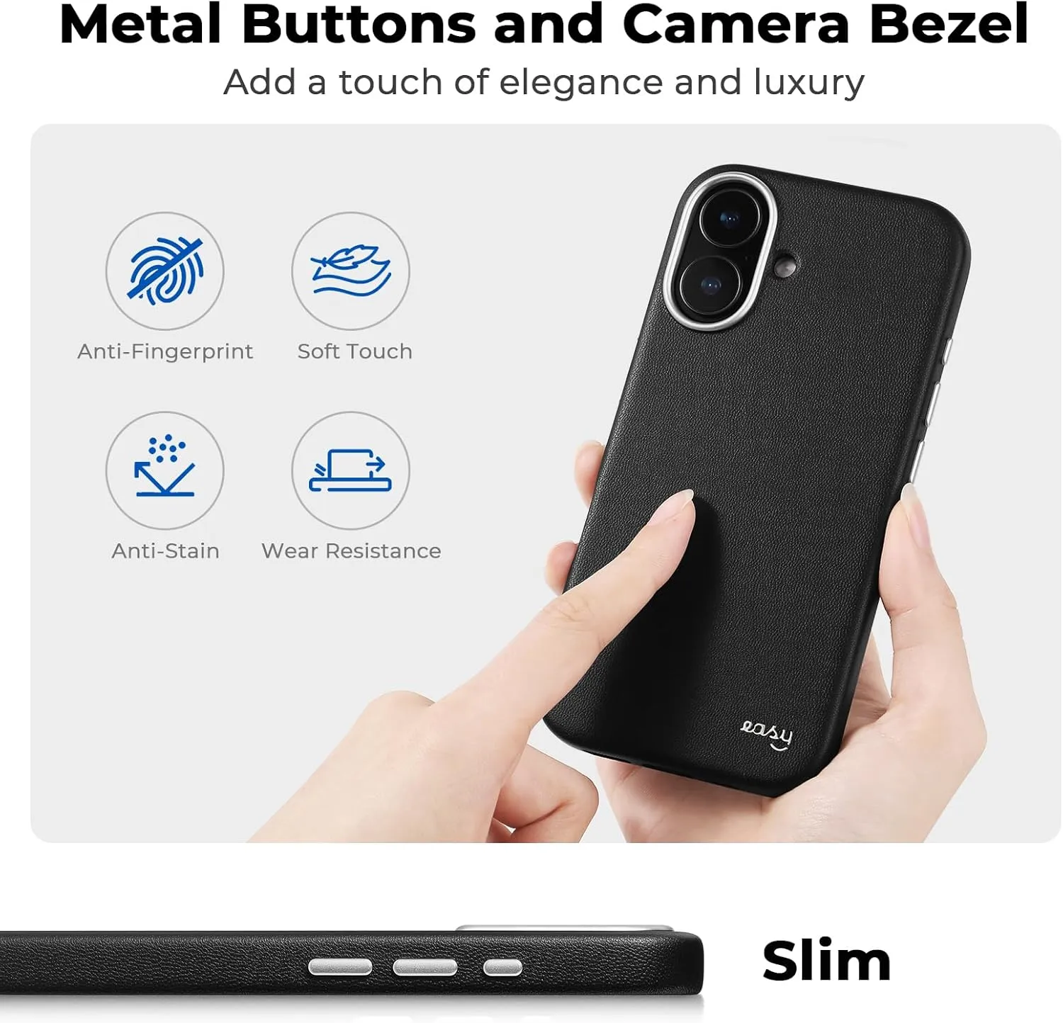 EasyAcc for iPhone 16 Leather Case, [Compatible with Magsafe], Luxurious Vegan Leather Magnetic Phone Case, Protective Slim Case with Metal Buttons & Camera Bezel, Anti-Scratch Phone Cover