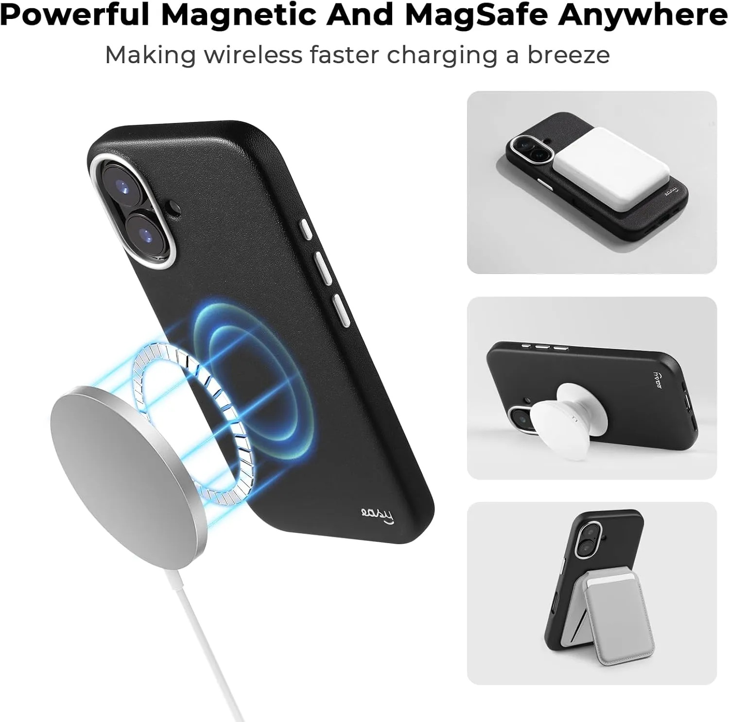 EasyAcc for iPhone 16 Leather Case, [Compatible with Magsafe], Luxurious Vegan Leather Magnetic Phone Case, Protective Slim Case with Metal Buttons & Camera Bezel, Anti-Scratch Phone Cover