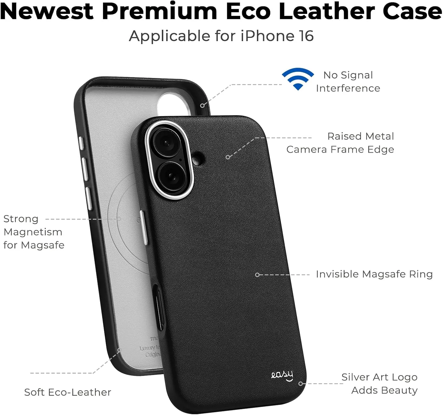 EasyAcc for iPhone 16 Leather Case, [Compatible with Magsafe], Luxurious Vegan Leather Magnetic Phone Case, Protective Slim Case with Metal Buttons & Camera Bezel, Anti-Scratch Phone Cover