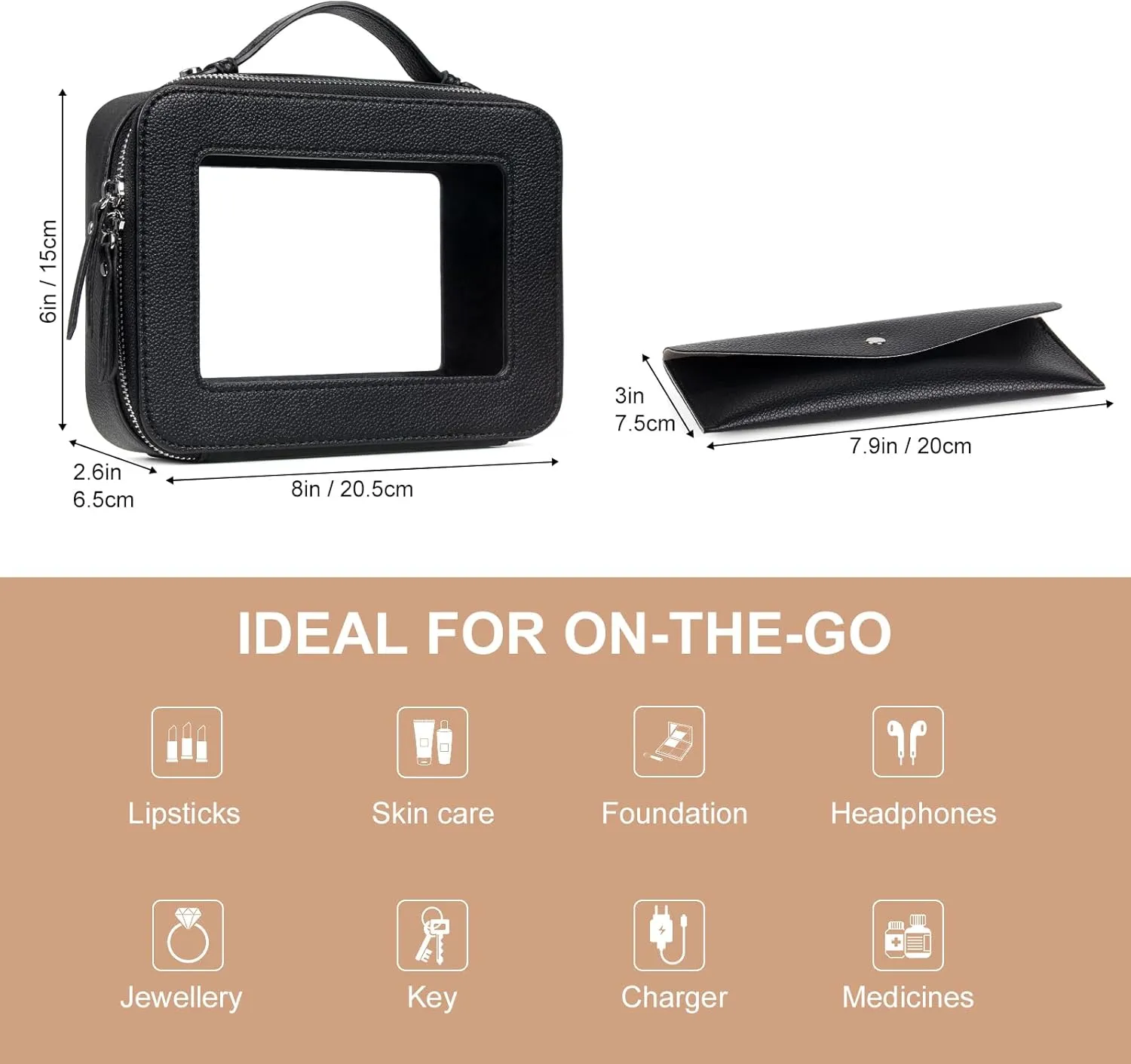 EcoVision Clear Makeup Bag, Travel Cosmetic Accessory Bag, Toiletry Organizer Bags for Women, Portable Waterproof Zipper Cosmetic Bag with Transparent Window
