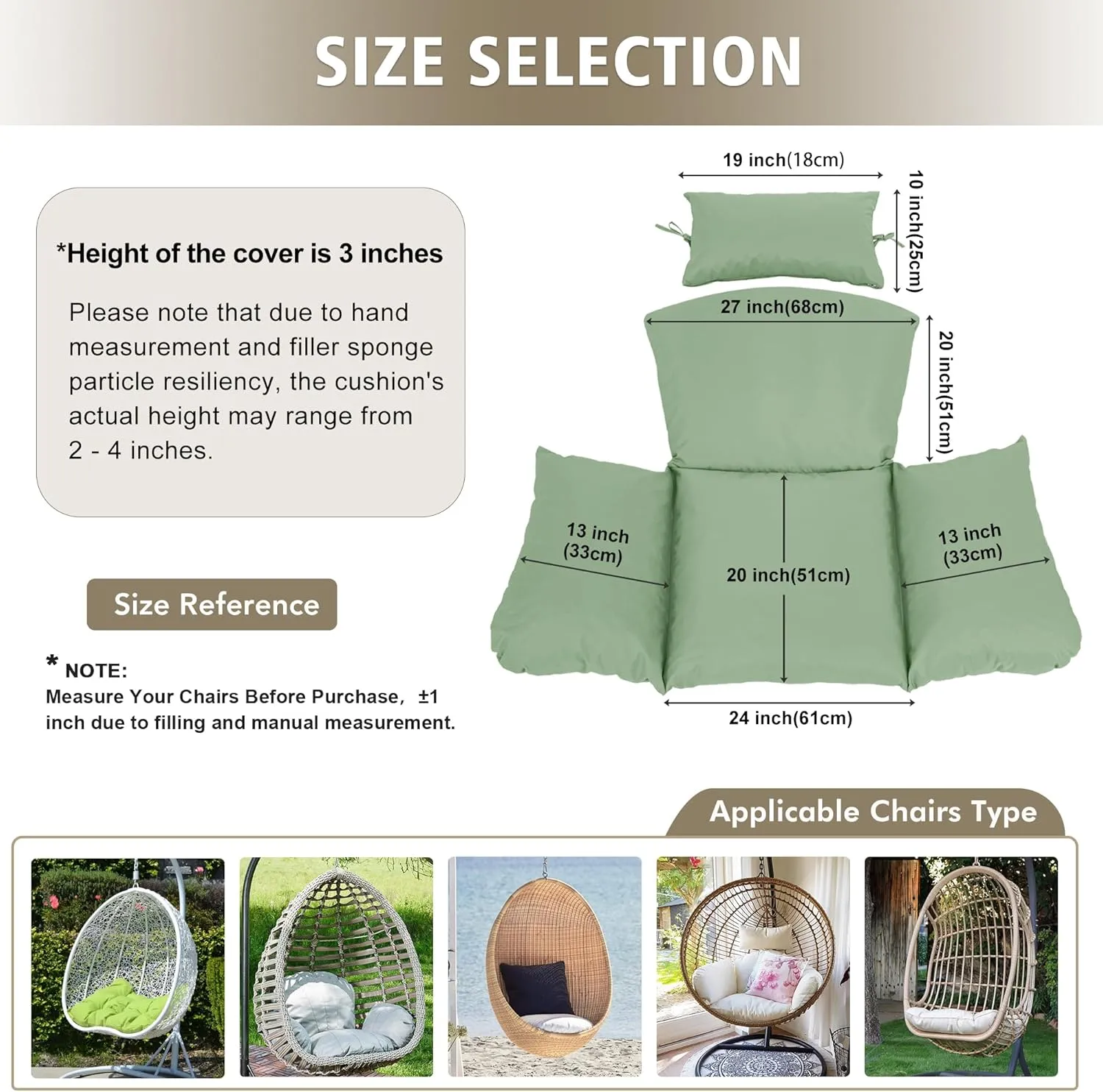 Egg Chair Cushion – Outdoor Hanging Chair Cushion, Replacement Cushions for Patio Swing, Waterproof, Fade- Resistant, Removable & Machine Washable Cover, Sage Green