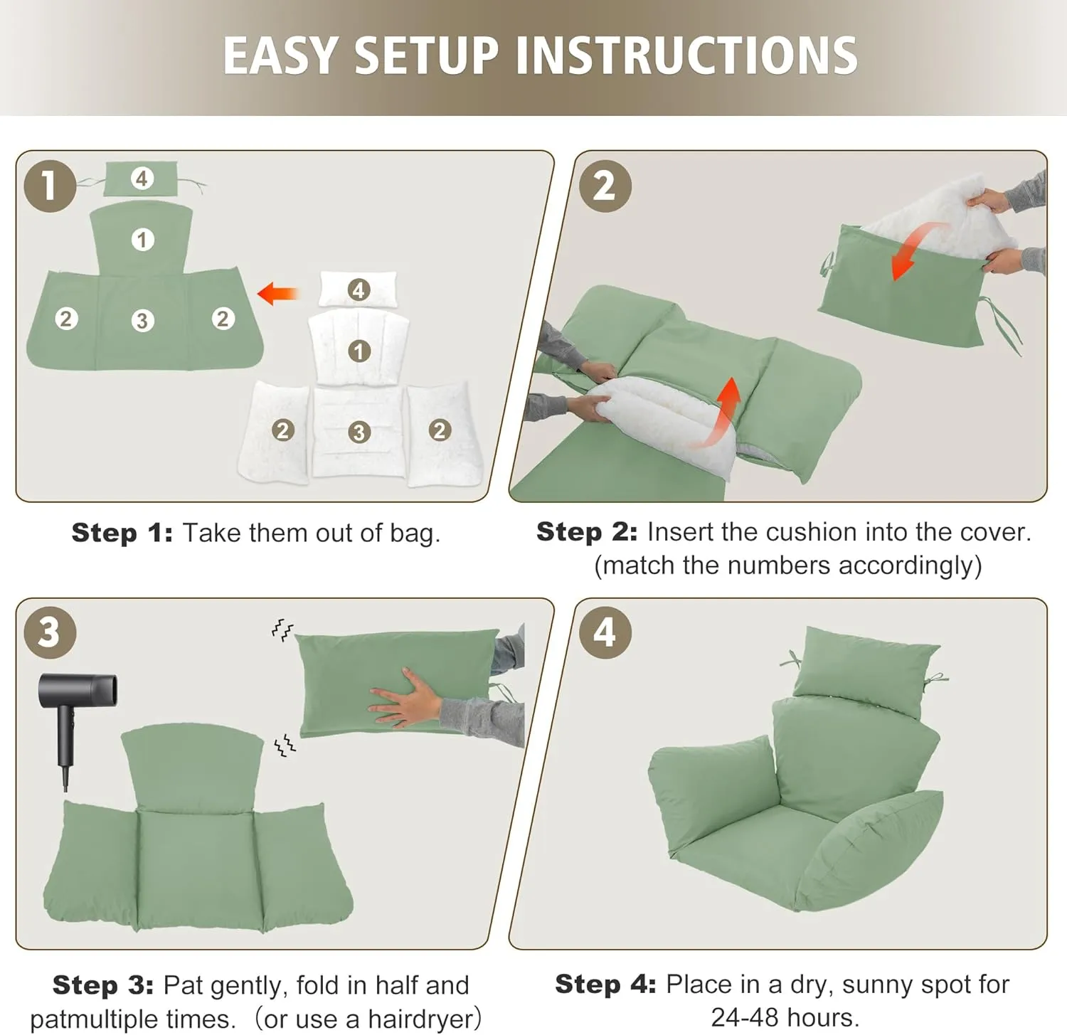 Egg Chair Cushion – Outdoor Hanging Chair Cushion, Replacement Cushions for Patio Swing, Waterproof, Fade- Resistant, Removable & Machine Washable Cover, Sage Green