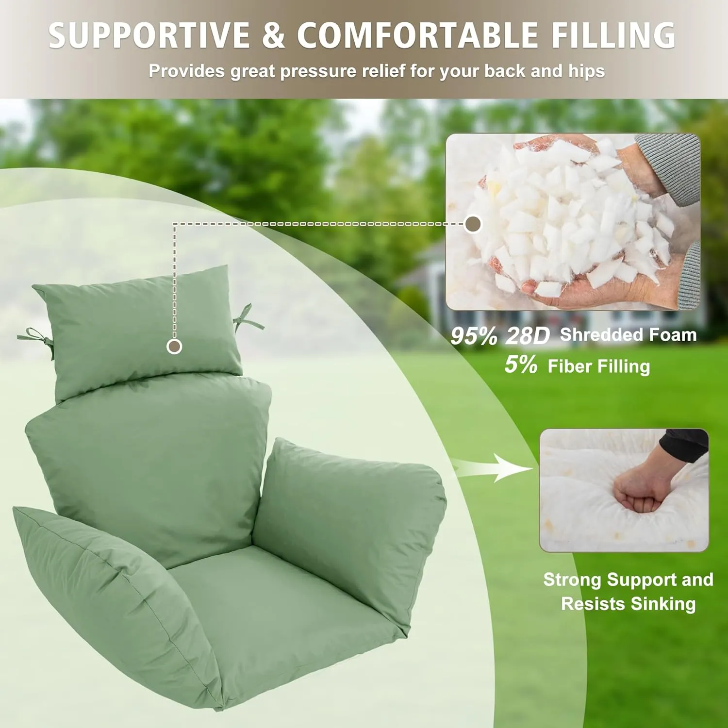 Egg Chair Cushion – Outdoor Hanging Chair Cushion, Replacement Cushions for Patio Swing, Waterproof, Fade- Resistant, Removable & Machine Washable Cover, Sage Green