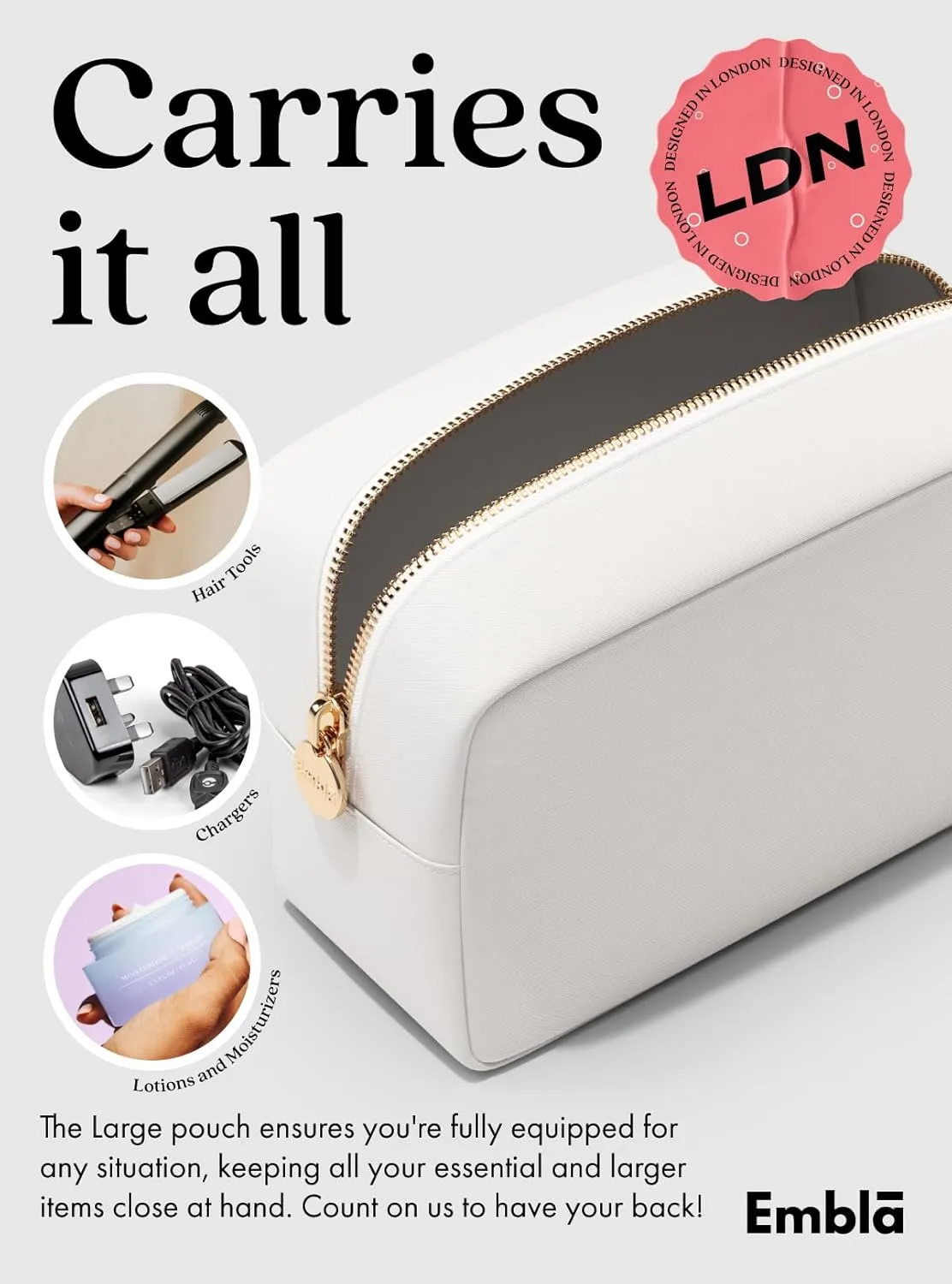 Embla Makeup Bag Travel Cosmetics Pouch and Toiletry Bag, Nylon Zipper Pouch Purse, Cute Make Up Organizer Storage Tote for Women Girls, Waterproof Travel Skincare Case, Large Makeup Bags, Blanc White