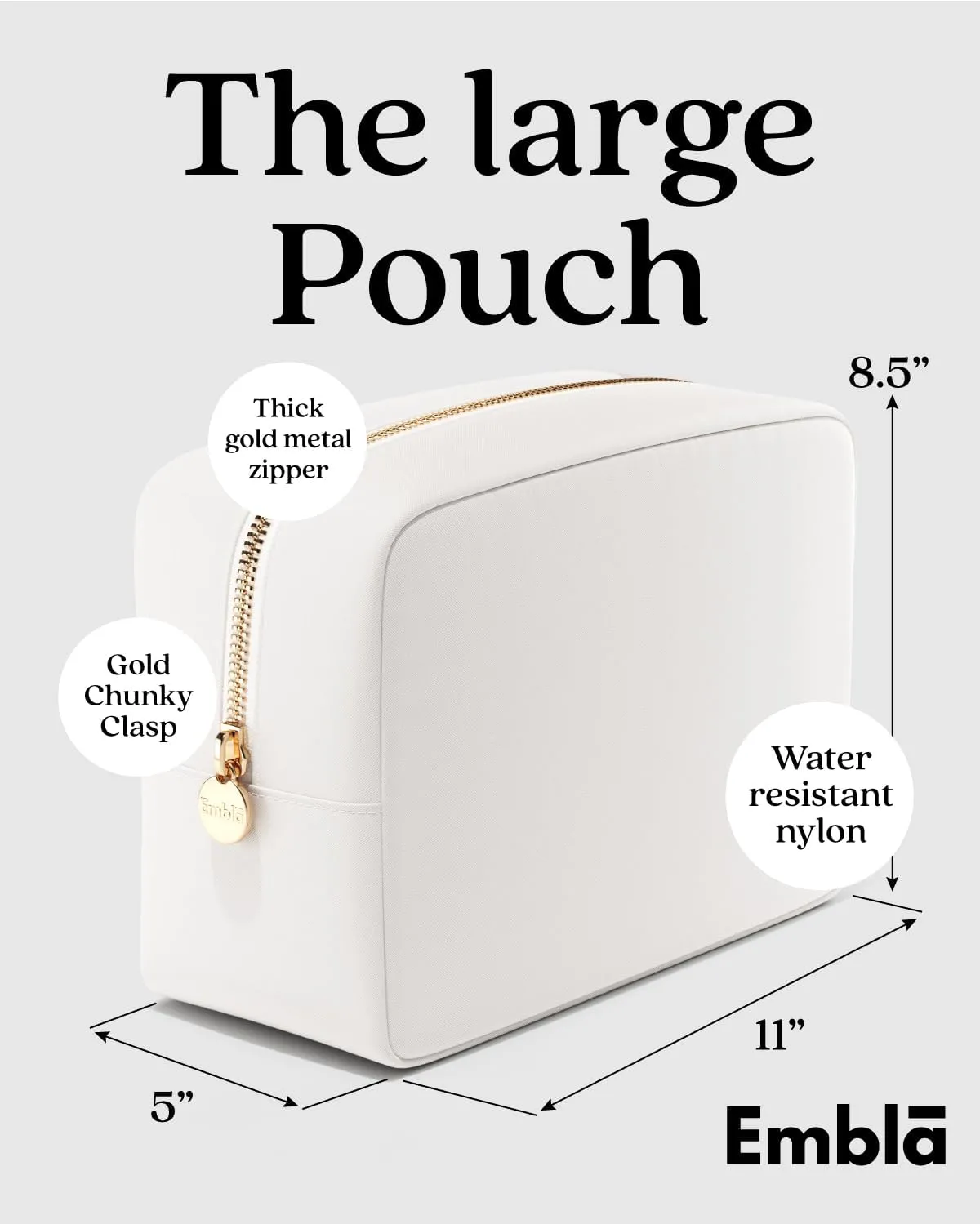 Embla Makeup Bag Travel Cosmetics Pouch and Toiletry Bag, Nylon Zipper Pouch Purse, Cute Make Up Organizer Storage Tote for Women Girls, Waterproof Travel Skincare Case, Large Makeup Bags, Blanc White