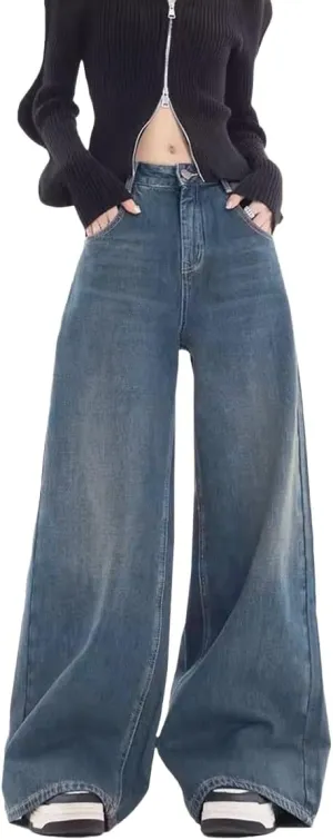 EMMIOL Women Baggy Jeans Patchwork Mid-Low Waist Wide Leg Jeans Boyfriends Pants 90s Loose Denim Pants