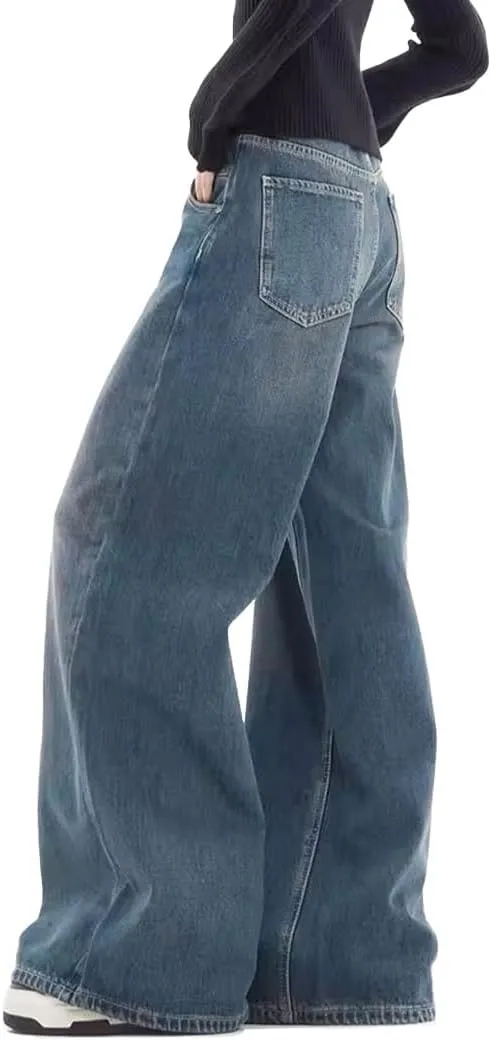 EMMIOL Women Baggy Jeans Patchwork Mid-Low Waist Wide Leg Jeans Boyfriends Pants 90s Loose Denim Pants