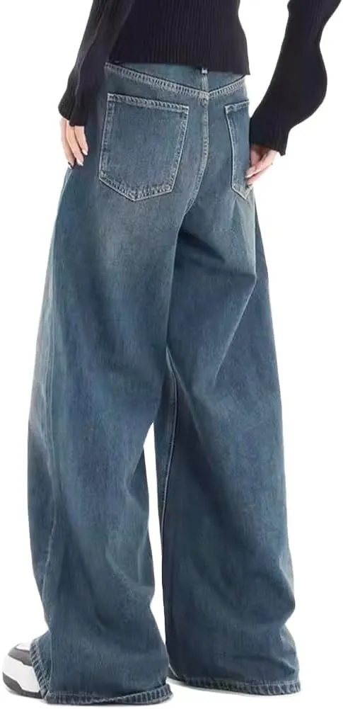 EMMIOL Women Baggy Jeans Patchwork Mid-Low Waist Wide Leg Jeans Boyfriends Pants 90s Loose Denim Pants