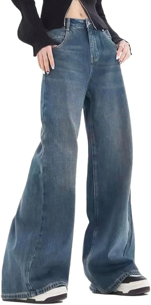 EMMIOL Women Baggy Jeans Patchwork Mid-Low Waist Wide Leg Jeans Boyfriends Pants 90s Loose Denim Pants