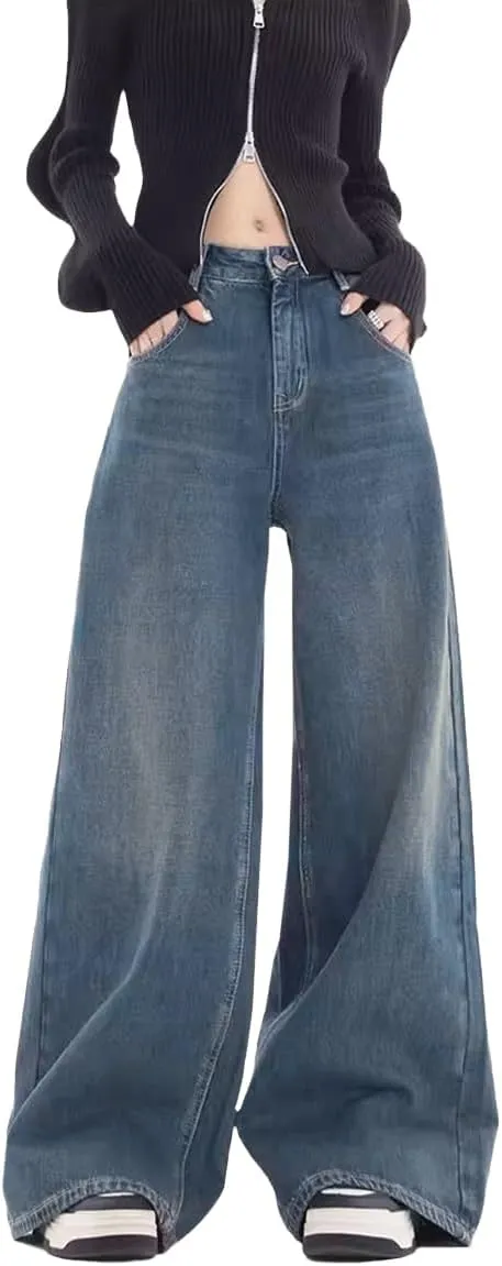 EMMIOL Women Baggy Jeans Patchwork Mid-Low Waist Wide Leg Jeans Boyfriends Pants 90s Loose Denim Pants