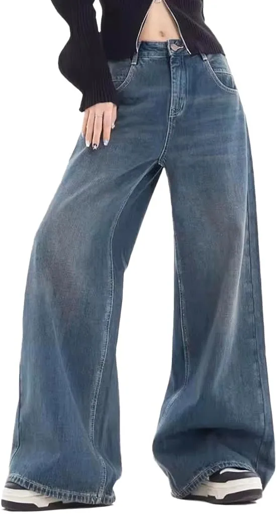 EMMIOL Women Baggy Jeans Patchwork Mid-Low Waist Wide Leg Jeans Boyfriends Pants 90s Loose Denim Pants