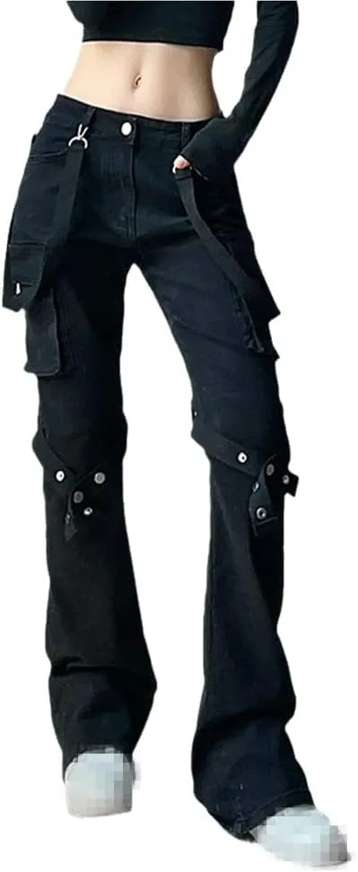 ENFUSO Punk Y2k Grunge Low Waist Emo Jeans Mall Gothic Women Black Patchwork Electro Pants Fashion Streetwear Alt Clothes