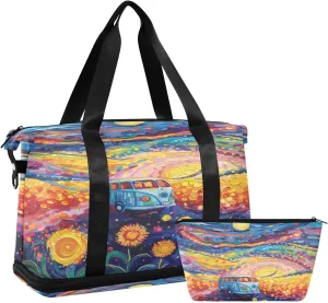 Engineering Vehicle The Moon The Sun Falling Petals Br Travel Duffel Bag Waterproof Gym Sport Tote Bag Carry On Weekender Bag with Compartment