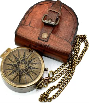 Engraved Brass Pocket Compass | Compass with Chain and Leather Case | Vintage Compass for Camping Hunting Climbing Exploring Geology Outdoor Activities | Waterproof Pirate Brass Compass Gift for Men