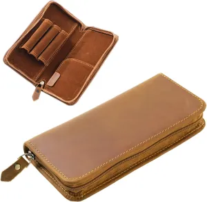 EURYNOME Leather Fountain Pen Holder,Leather Pencil Case Shockproof 3 Divided Slots,Portable Storage Bag for Invoice/Receipt/Cards/Coupon/Tickets
