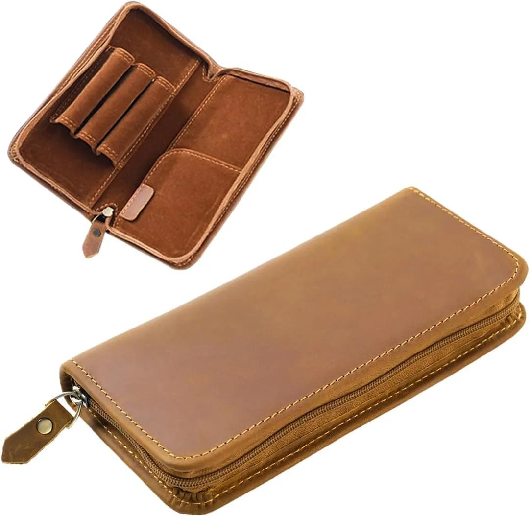 EURYNOME Leather Fountain Pen Holder,Leather Pencil Case Shockproof 3 Divided Slots,Portable Storage Bag for Invoice/Receipt/Cards/Coupon/Tickets