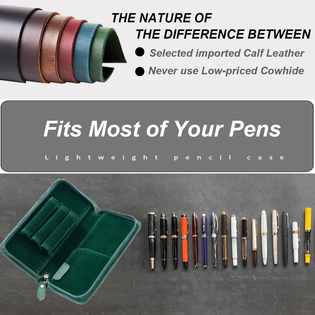 EURYNOME Leather Fountain Pen Holder,Leather Pencil Case Shockproof 3 Divided Slots,Portable Storage Bag for Invoice/Receipt/Cards/Coupon/Tickets